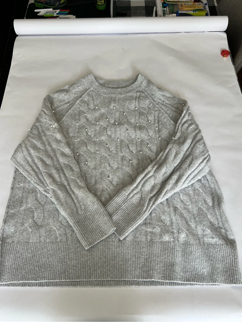 Aerie Light Gray Cable Knit Faux Pearl Beaded Crew Neck Sweater Soft Cozy - Picture 5 of 9